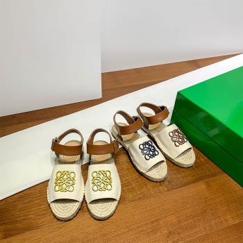 小眾刺繡編織一字羅馬涼鞋女2024夏季新款真皮拼色草編麻繩漁夫鞋