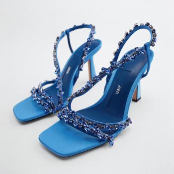 ZA2022年夏季新款女鞋藍色串珠帶飾仙女氣質方頭高跟鞋細跟涼鞋女
