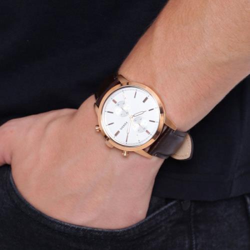 FOSSIL】Townsman系列FS5468 皮錶帶計時男錶玫瑰金/白44mm|皮革手錶 