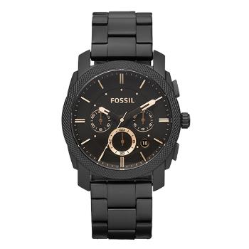 【FOSSIL】FS4682 金屬工業風格 鋼錶帶 日期顯示 三眼計時男錶 黑/玫瑰金 45mm