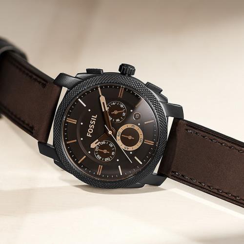 【FOSSIL】FS4656 金屬工業風格 皮錶帶 三眼計時男錶 棕色/金 42mm