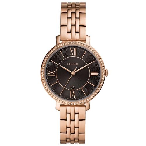 【FOSSIL】ES4723 羅馬字 日期顯示 晶鑽大三針 鋼錶帶女錶 玫瑰金/黑 36mm