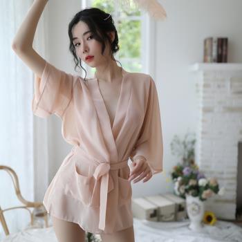 女人香 輕柔薄款日式和服浴袍雪紡性感居家睡衣睡袍-膚