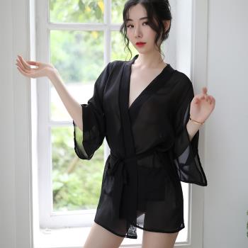 女人香 輕柔薄款日式和服浴袍雪紡性感居家睡衣睡袍-黑
