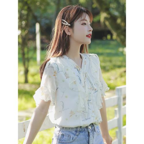 時尚洋氣碎花短袖雪紡襯衫女夏裝2025年夏季新款氣質上衣薄款小衫