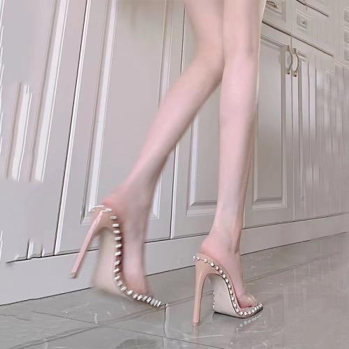 透明一字帶水鉆涼鞋女細跟2025年新款夏季仙女風溫柔裸色高跟涼拖