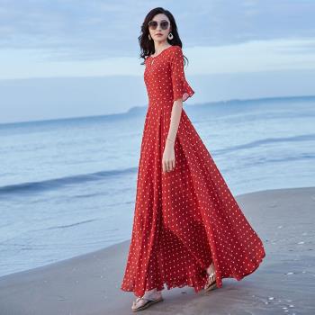 洋氣紅色波點大擺雪紡沙灘連衣裙