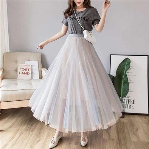 【韓國K.W.】韓國心動絕對仙氣多層紗裙(長裙/鬆緊腰/顯瘦/中長裙/小香風)