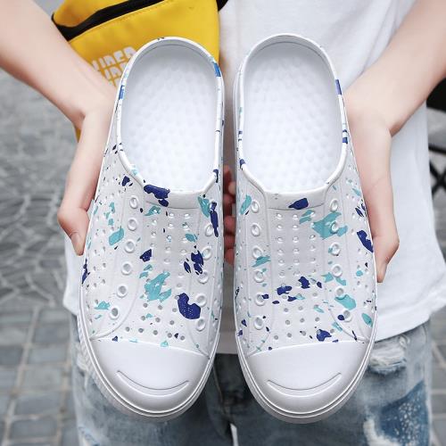 夏季涉水鞋情侶透氣半托包頭洞洞鞋男迷彩沙灘鞋懶人鳥巢白色拖鞋