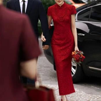 酒紅色長袖冬季中式訂婚禮服旗袍