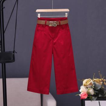 薄款時尚顯瘦中高腰紅色寬松褲子