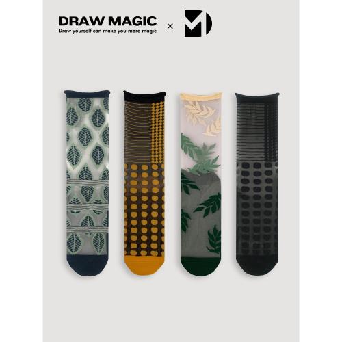 玻璃絲襪子女夏季薄款法國藝術抽象植物條紋透明水晶絲襪中長筒春