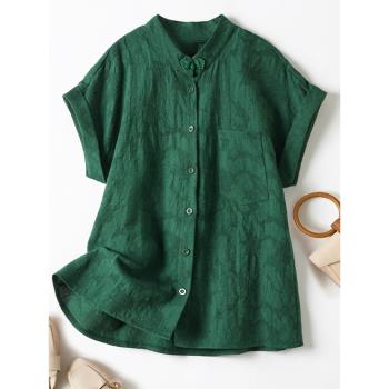 國風盤扣提花棉麻短袖襯衫女夏季氣質顯瘦寬松休閑綠色亞麻上衣薄