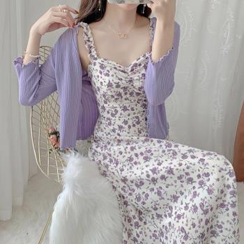 超仙法式紫色碎花兩件套裝長裙