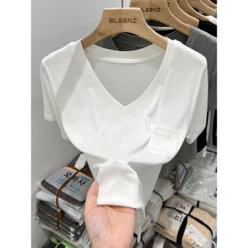 白色v領t恤女短袖ins潮夏季2023年新款法式鎖骨設計感上衣女體恤