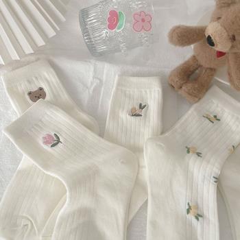 襪子女白色純棉可愛小熊花朵襪子