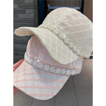 珍珠夏季時尚薄款鏤空網紗女帽子