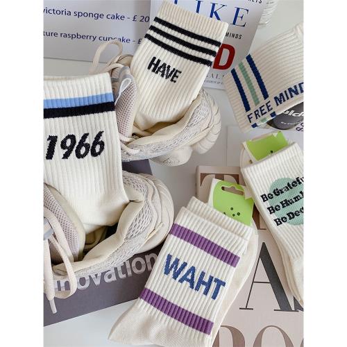 襪子女夏薄款棉襪ins潮網紅外穿長襪美式字母條紋運動春夏中筒襪