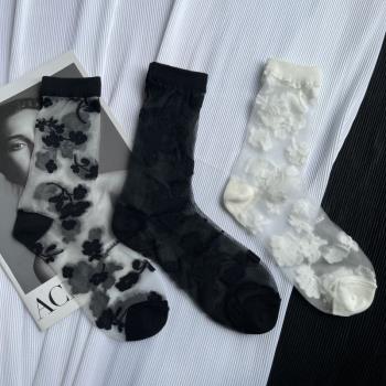 潮花朵超薄透明女黑白水晶絲襪