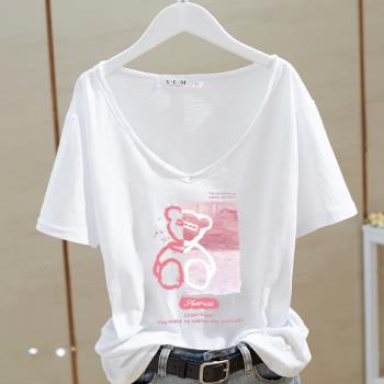 白色V領竹節棉短袖T恤女2022夏季新款韓版寬松印花字母上衣ins潮