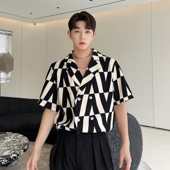 韓國幾何印花長袖小眾設計感襯衫