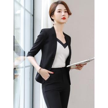 黑色小西裝外套女2022夏季新款韓版中袖薄款七分袖西服職業裝套裝