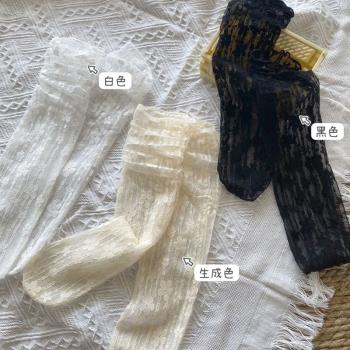 夏季白色透明提花襪子女超薄款蕾絲花邊絲襪日系jk中筒小腿堆堆襪