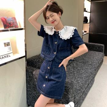 娃娃領牛仔裙女夏季高腰夾克上衣