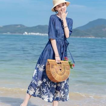 夏季女士減齡印花系帶收腰顯瘦海邊沙灘裙長裙百搭中袖苧麻連衣裙