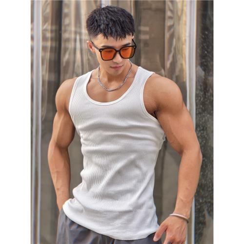 夏季美式街頭300g重磅純棉粗螺紋背心男修身運動健身無袖阿美咔嘰