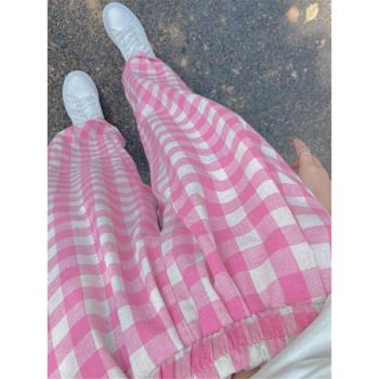 粉色格子褲女春秋美式慵懶闊腿運動休閑遛彎褲子夏季薄款小個子
