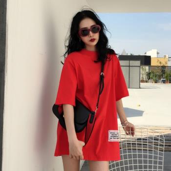 韓版2023年夏季新款紅色短袖t恤女裝寬松中長款下衣消失上衣ins潮