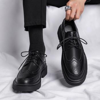 皮鞋男士夏季透氣增高英倫風布洛克商務正裝黑色高級感結婚新郎鞋