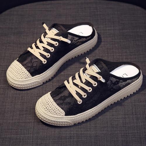 小眾包頭半拖鞋女外穿2025年新款夏季薄款網紗半托女鞋平底漁夫鞋