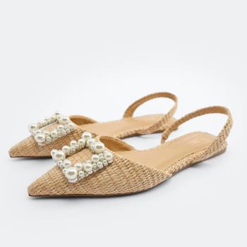 ZA2022年夏季新女鞋編織露跟平底鞋人造珍珠裝飾尖頭鞋后絆帶涼鞋
