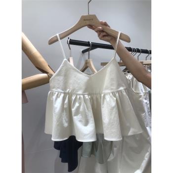 韓國東大門2023夏季新款洋氣減齡寬松荷葉邊吊帶背心女娃娃衫上衣