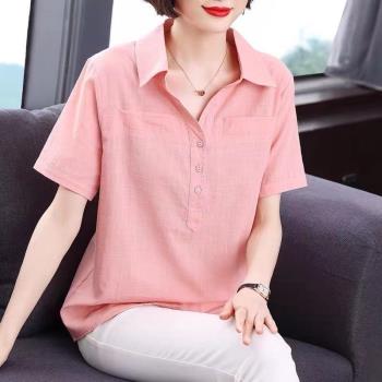 純棉襯衫女士短袖2023年夏季新款純色襯衣中長款寬松大碼薄款小衫