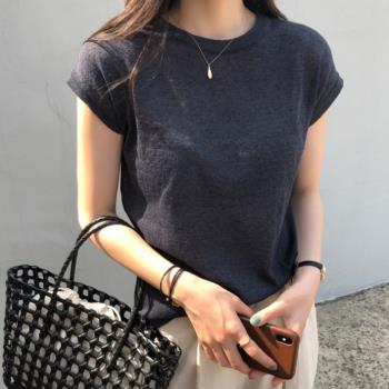 韓國chic夏季復古設計感基礎款寬松顯瘦百搭圓領短袖T恤上衣女