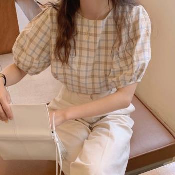 韓國chic夏季復古法式小眾格子泡泡袖上衣寬松百搭休閑短袖襯衫女
