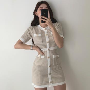 夏季女裝韓國chic復古小眾圓領撞色設計感修身包臀裙針織連衣裙女