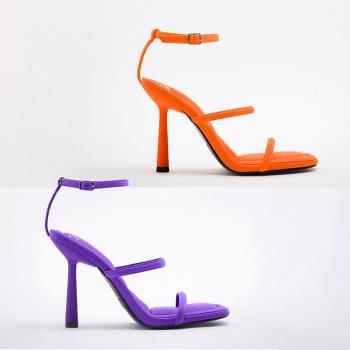 ZA2022年夏季新品 TRF女鞋紫色絎縫鞋墊高跟鞋細跟方頭一字璉涼鞋