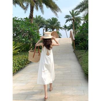 韓版吊帶掛脖式連衣裙夏季新款氣質顯瘦小白裙出游海邊度假沙灘裙