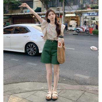 夏季韓版復古碎花蕾絲飛飛袖襯衫上衣+高腰顯瘦短褲子女兩件套裝