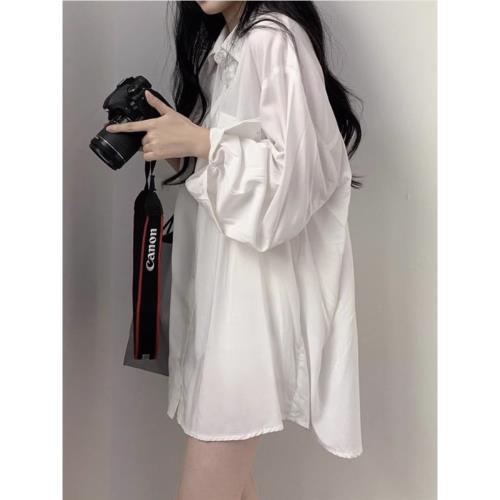 長袖防曬襯衫外套女薄款外搭寬松休閑上衣白色中長款早秋開衫襯衣