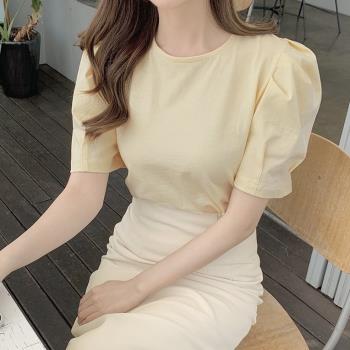 韓國chic夏季法式小眾心機綁帶泡泡袖襯衫+中長款高腰包臀半身裙