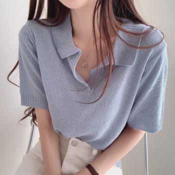 韓國ins簡約設計感小眾減齡Polo領薄款針織衫寬松純色短袖T恤女夏