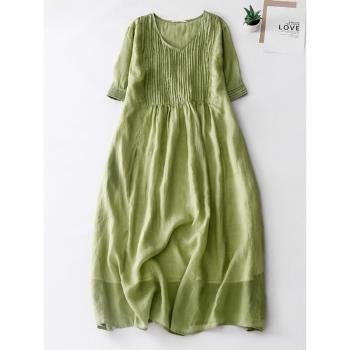 設計感風琴褶高端苧麻連衣裙女夏季純色大碼寬松氣質顯瘦亞麻長裙