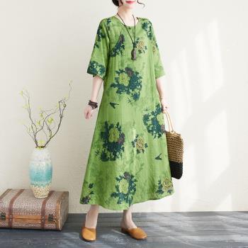 2023夏季印花綠色棉麻倒大袖旗袍改良復古民國風氣質優雅連衣裙子