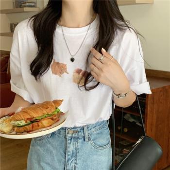 韓國chic復古小眾設計感夏季減齡可愛貓咪印花短袖T恤卷邊袖上衣