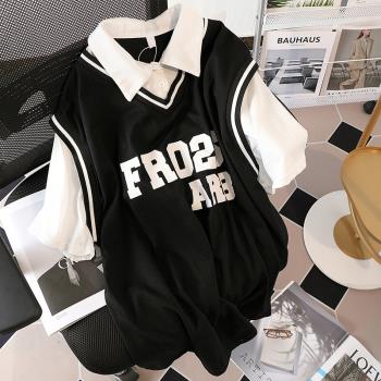 2024年新款夏季假兩件短袖T恤女學院風polo衫設計感韓版籃球上衣